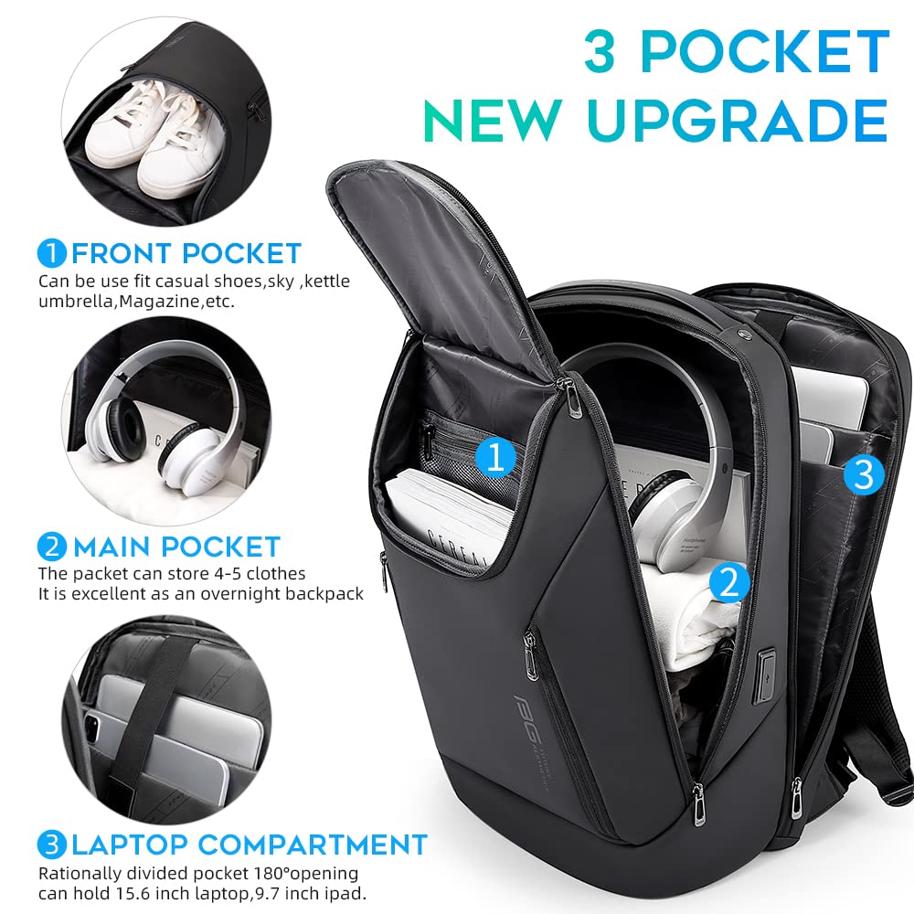 Mochila de Negocios Impermeable BANGE para Laptop 15.6" con Puerto de Carga USB – Tres Bolsillos, Tamaño L, Color Negro