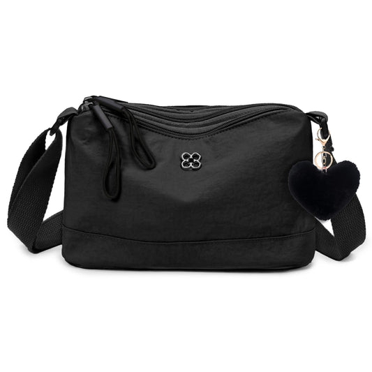 Bolso Bandolera Cruzado HENGBIRD para Mujer en Nylon Negro con Encanto de Corazón – Mediano, Multibolsillos y Bandolera Ajustable
