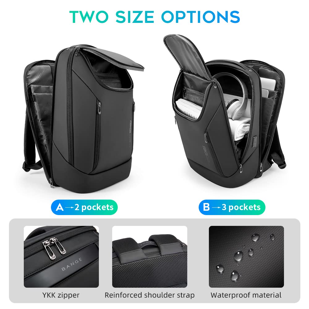 Mochila de Negocios Impermeable BANGE para Laptop 15.6" con Puerto de Carga USB – Tres Bolsillos, Tamaño L, Color Negro