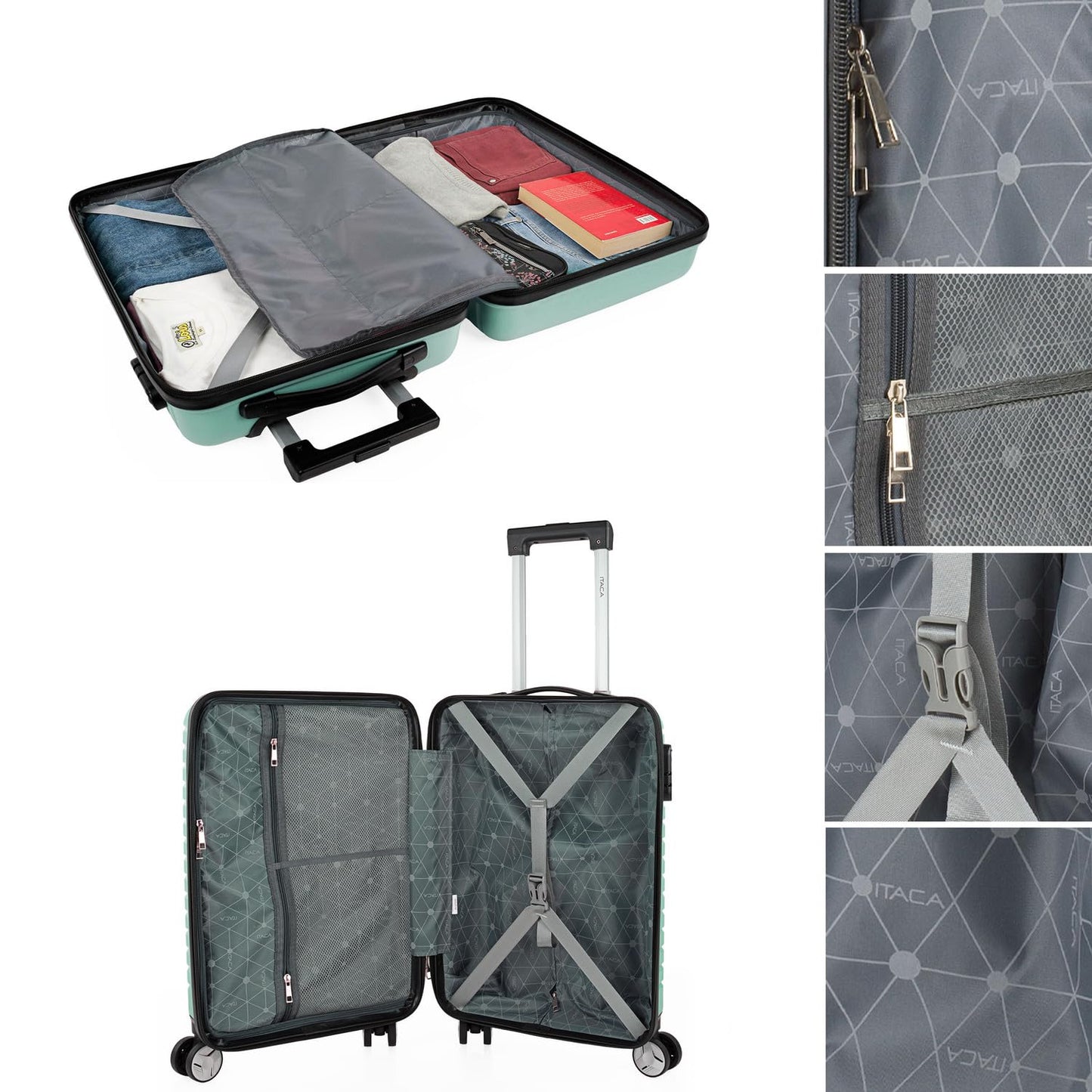 Maleta de Cabina ITACA 55x40x20 cm Rígida y Ligera con Ruedas Trolley – Equipaje de Mano con Candado de Combinación, Color Menta