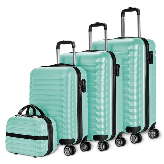 Set de 4 Maletas Rígidas NUMADA – Cabina 53 cm, Mediana 63 cm, Grande 75 cm y Neceser, ABS Eco Friendly, 4 Ruedas Dobles, Cierre de Combinación – Verde