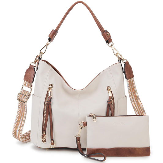 Set de 2 Bolsos Chase Chic para Mujer en Cuero PU – Hobo, Bandolera y Tote Grande, Colores Blanco y Marrón