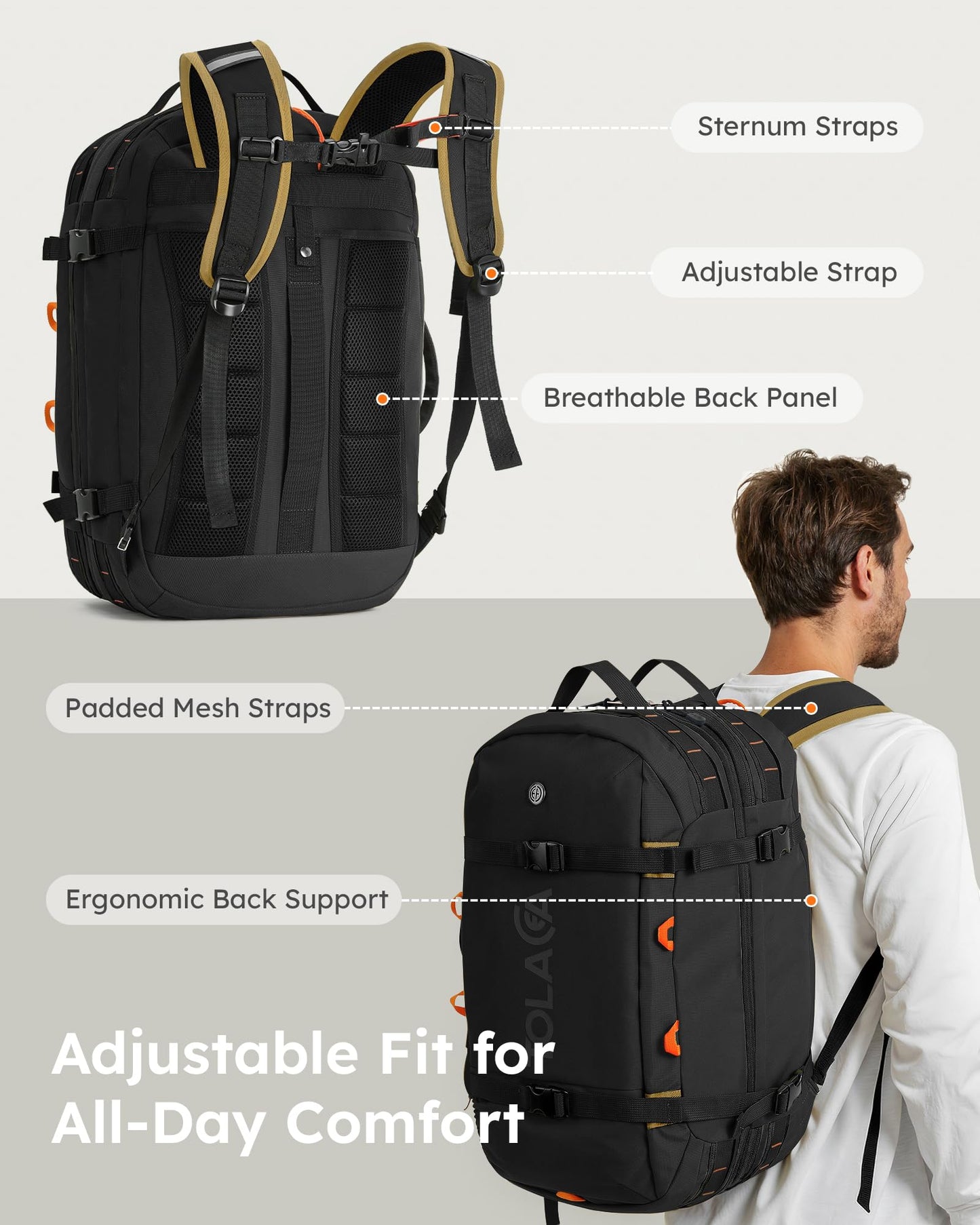 Mochila de Viaje Tolaccea 40-50L para Portátil 15.6" – Impermeable, Unisex, Ideal para Trabajo y Excursión