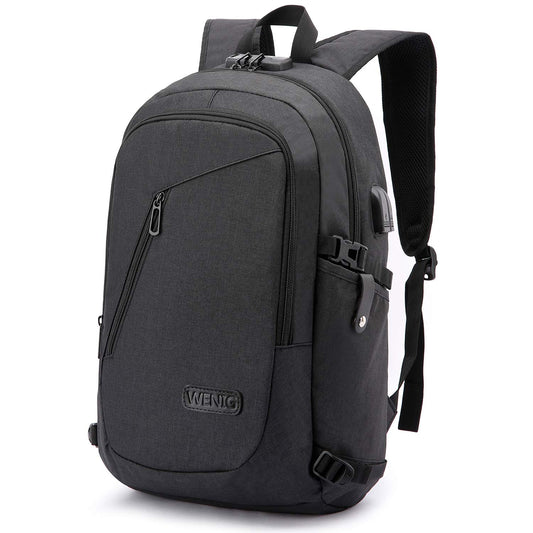 Mochila Antirrobo Impermeable WENIG para Hombre – Para Portátil 15.6" con Puerto USB, Ideal para Negocios, Trabajo y Viajes, Color Negro