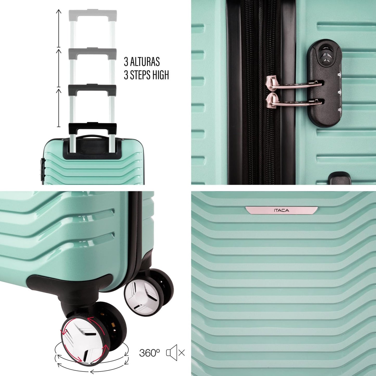 Maleta de Cabina ITACA 55x40x20 cm Rígida y Ligera con Ruedas Trolley – Equipaje de Mano con Candado de Combinación, Color Menta