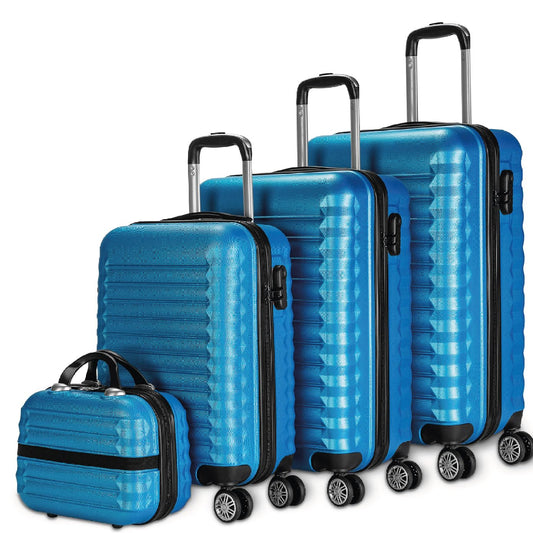 Set de Maletas Rígidas NUMADA 4 Piezas – Cabina 53 cm, Mediana 63 cm, Grande 75 cm y Neceser, ABS Eco Friendly, 4 Ruedas Dobles, Cierre de Combinación – Azul Eléctrico