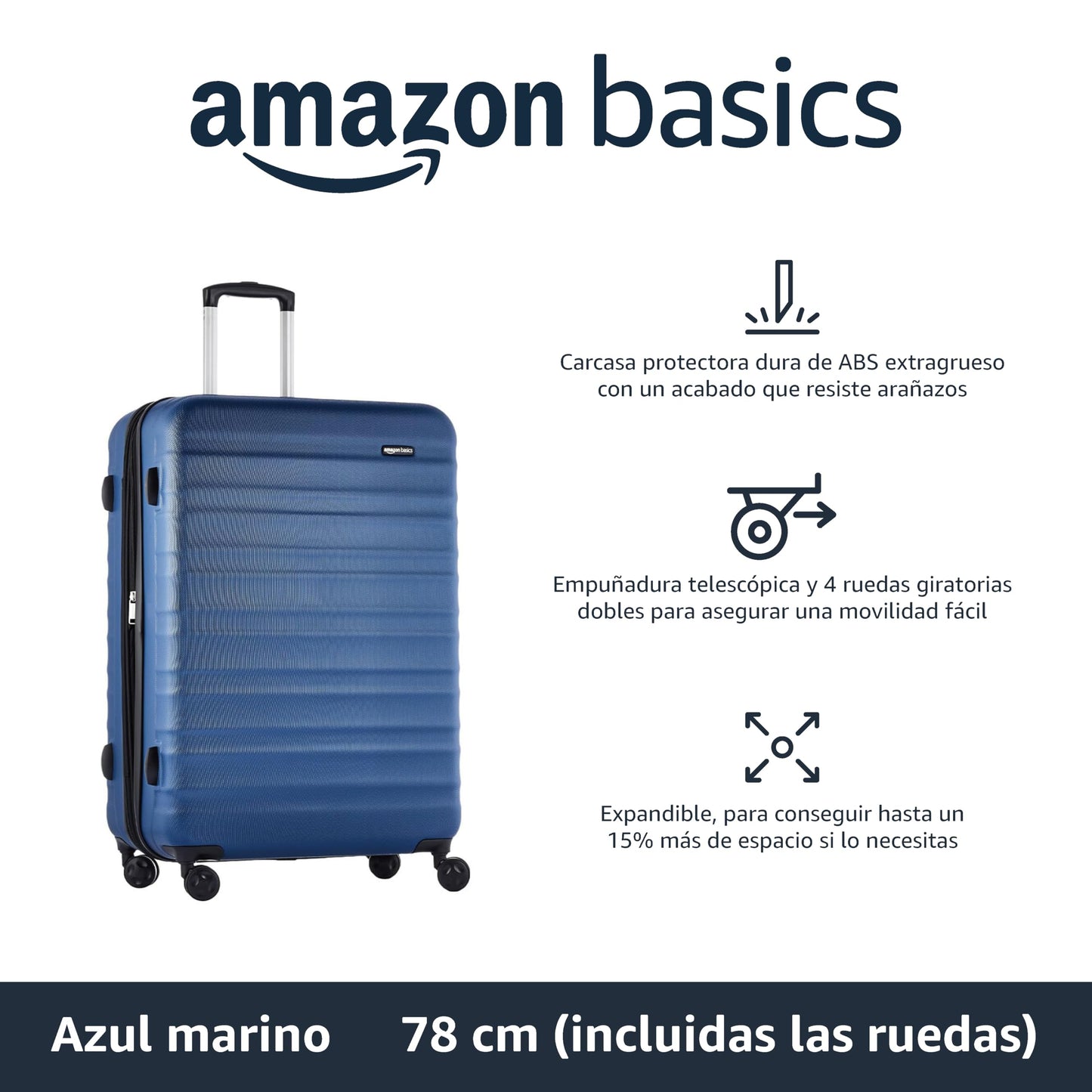 Maleta de Viaje Rígida Amazon Basics Giratoria 78 cm – Grande, Color Azul Marino
